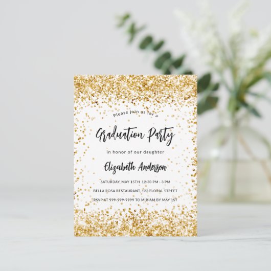 Graduparty white gold glitter glamoureus uitnodiging briefkaart (Staand voorkant)
