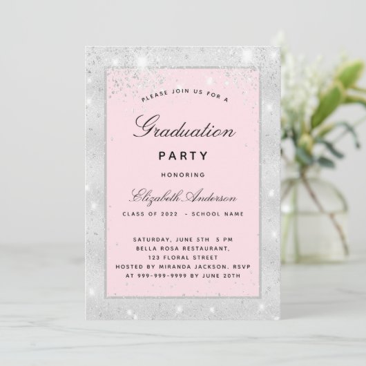 Graduparty zilverblush glitter elegant kaart (Staand voorkant)