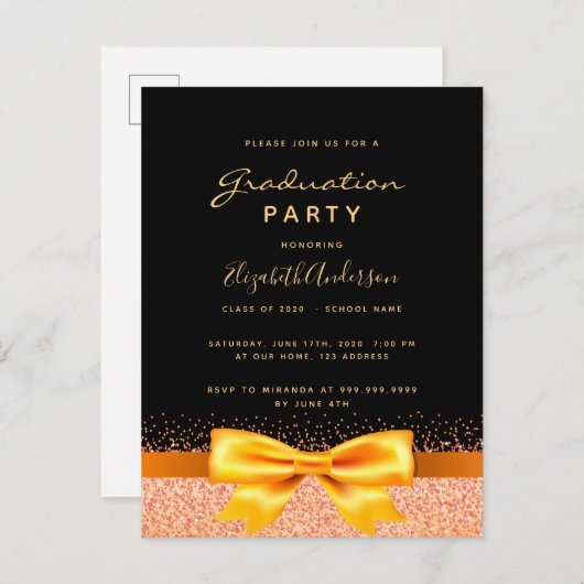 Graduparty zwarte goudboegboog-uitnodiging briefkaart (Voorkant / Achterkant)