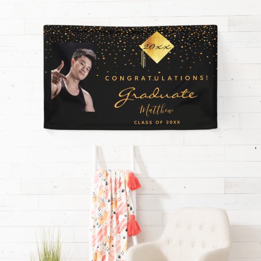 Graduparty zwarte gouden confetti foto spandoek (Insitu)