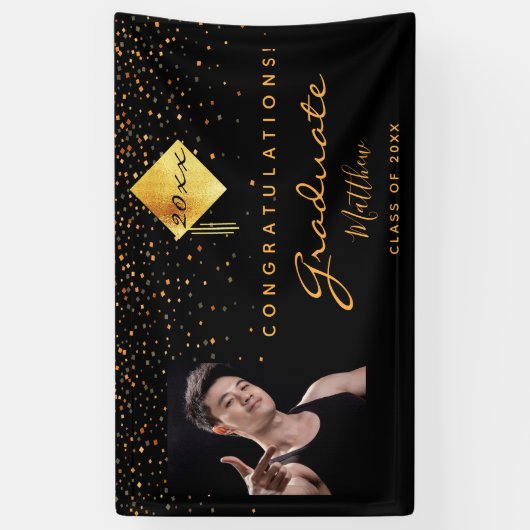 Graduparty zwarte gouden confetti foto spandoek (Verticaal)