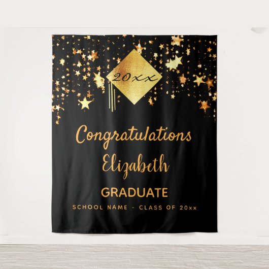 Graduparty zwarte gouden sterren afstuderen wandkleed (Voorkant)