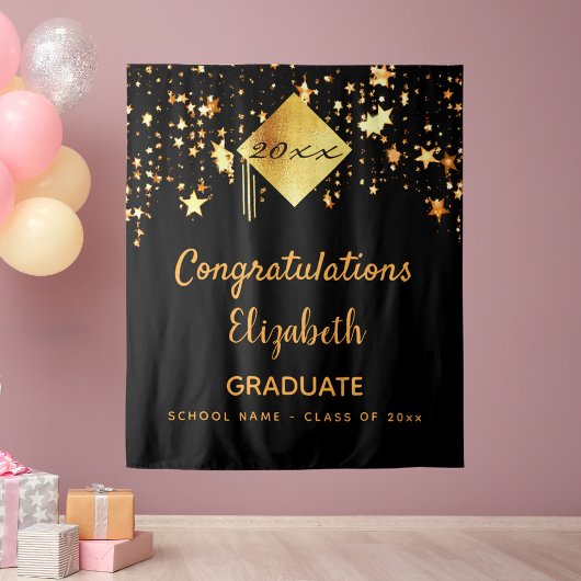 Graduparty zwarte gouden sterren afstuderen wandkleed