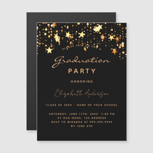 Graduparty zwarte gouden sterren luxe magnetische uitnodiging (Voorkant / Achterkant)