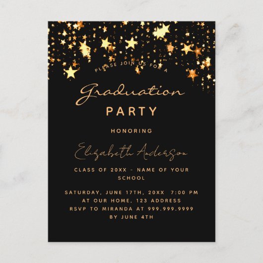 Graduparty zwarte gouden sterren uitnodiging briefkaart (Voorkant)