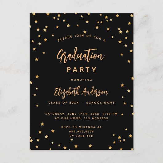 Graduparty zwarte gouden sterren uitnodiging briefkaart (Voorkant)