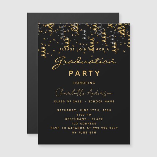 Graduparty zwarte goudstroomwafers luxe magnetische uitnodiging (Voorkant / Achterkant)