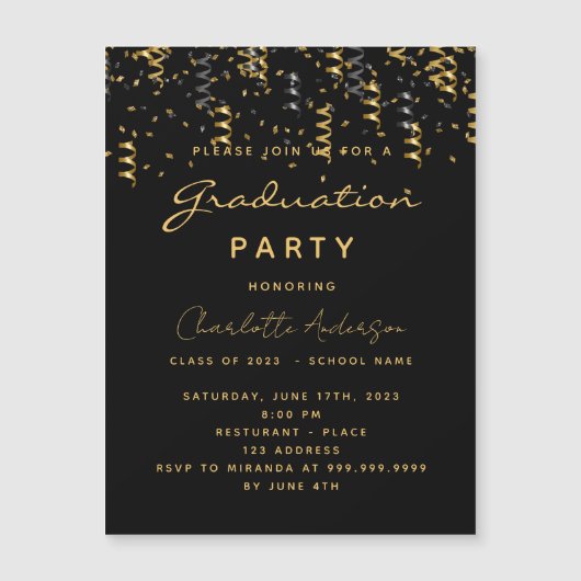 Graduparty zwarte goudstroomwafers luxe magnetische uitnodiging (Voorkant)