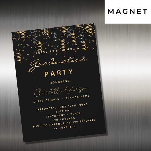 Graduparty zwarte goudstroomwafers luxe magnetische uitnodiging
