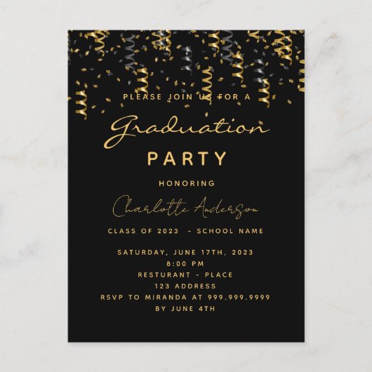 Graduparty zwarte goudstropers uitnodiging briefkaart (Voorkant)