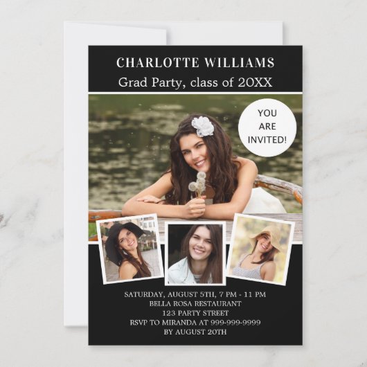 Graduparty zwarte witte fotocollage kaart (Voorkant)