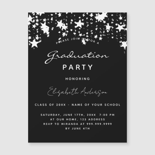 Graduparty zwarte witte sterren luxe magnetisch magnetische uitnodiging (Voorkant)