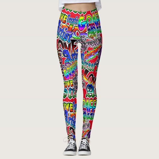 Graffiti Art Leggings, Rood Kleurrijk Leggings (Voorkant)