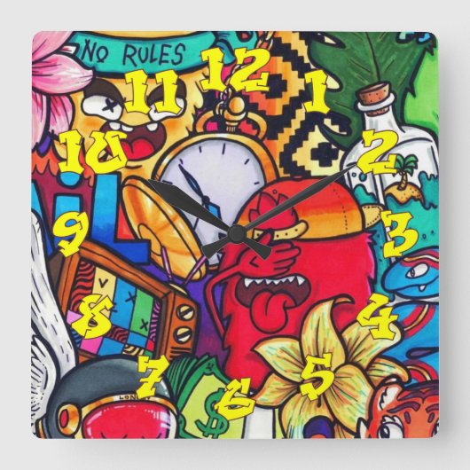 Graffiti Background w/Graffiti Numbers-13 Vierkante Klok (Voorkant)