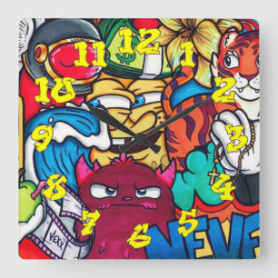 Graffiti Background w/Graffiti Numbers-14 Vierkante Klok