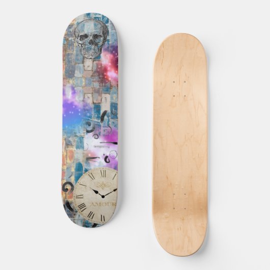 Graffiti, bakstenen muur, schedel, klok, graphics persoonlijk skateboard (Voorkant)