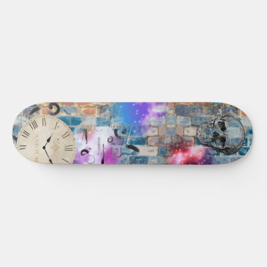 Graffiti, bakstenen muur, schedel, klok, graphics persoonlijk skateboard (Horizontaal)
