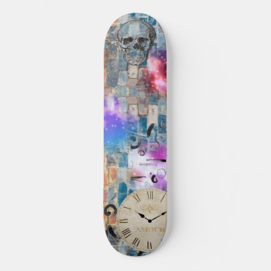 Graffiti, bakstenen muur, schedel, klok, graphics persoonlijk skateboard (Voorkant)
