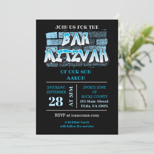 Graffiti Bar Mitzvah Brick Wall Splatter Invite Kaart (Staand voorkant)