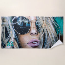 Graffiti Blond Girl met Round Sunglazen Monogram Strandlaken