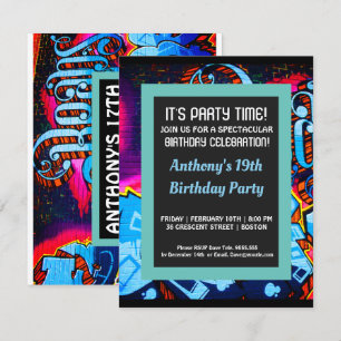 Graffiti Blue Abstarct Birthday Invitation Kaart