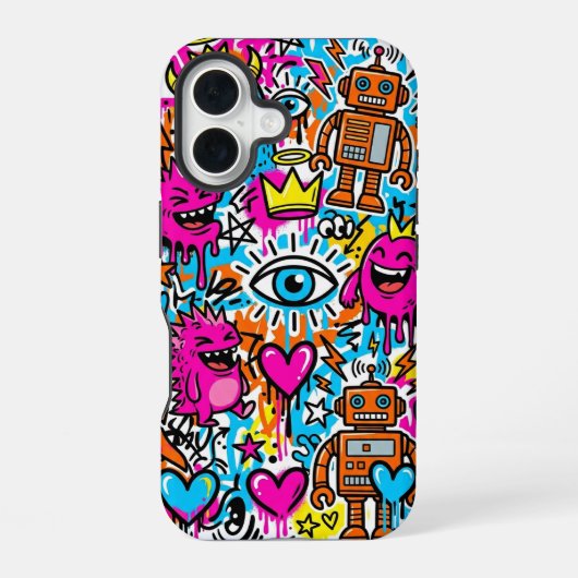 Graffiti Collage Patroon Hoestekking iPhone 16 Hoesje (Achterkant)
