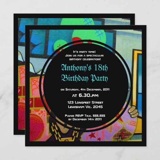 Graffiti Cool Face Birthday Invitation Kaart (Voorkant / Achterkant)