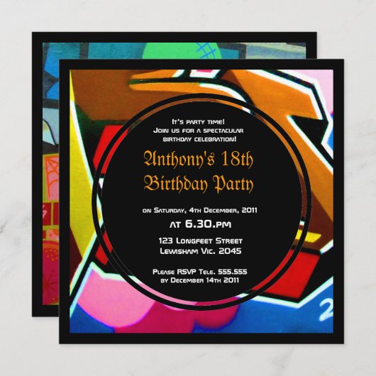 Graffiti Cool Face Birthday Invitation Kaart (Voorkant / Achterkant)