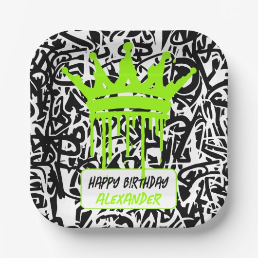 Graffiti Crown Black Green Happy Birthday Papieren Bordje (Voorkant)