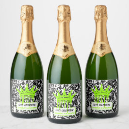 Graffiti Crown Green Laten we onze verjaardag vier Sparkling Wijnetiket