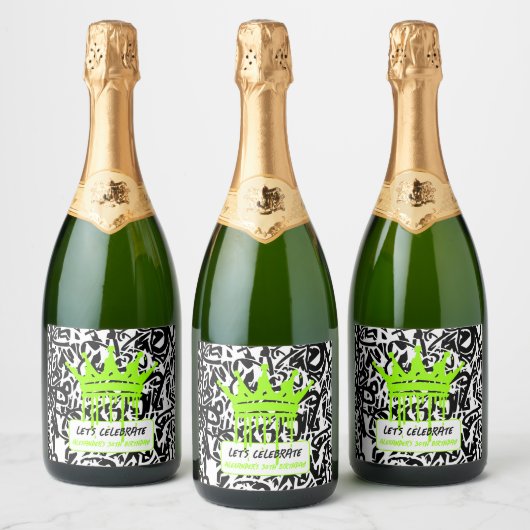 Graffiti Crown Green Laten we onze verjaardag vier Sparkling Wijnetiket (Flessen)