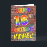 Graffiti Geïnspireerd Rainbow Look HAPPY 18TH BIRT Kaart<br><div class="desc">De voorkant van dit leuke, opwindende en opvallende verjaardagsgetrouwe wenskaart-ontwerp bevat de boodschap "HAPPY 18TH BIRTHDAY" met letters met een veelkleurige regenboog als verlooppatroon, en een aangepaste naam gekleurd geel, op een muur-van-bakstenen patroonachtergrond. De stijl is geïnspireerd op die van graffiti of street art getekend op een muur. De binnenkant...</div>