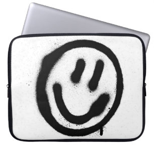 graffiti glimlachend gezicht emoticon zwart op wit laptop sleeve