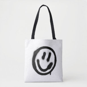 graffiti glimlachend gezicht emoticon zwart op wit tote bag