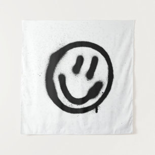 graffiti glimlachend gezicht emoticon zwart op wit wandkleed