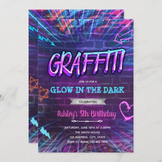Graffiti gloed neon verjaardag uitnodiging (Voorkant / Achterkant)