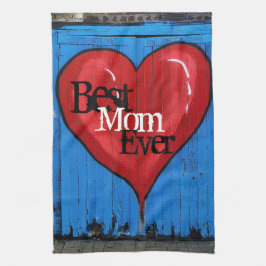 Graffiti Heart, blauwe wand, beste mam ooit keuken Theedoek