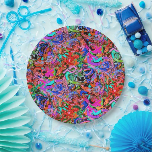 Graffiti in blauwe, groene en rode tinten papieren bordje (Feest)