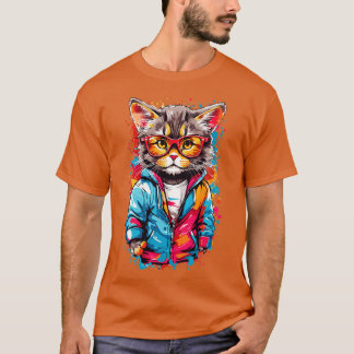 Graffiti Kleurrijke Kleine Kat Dragen Bril T-shirt