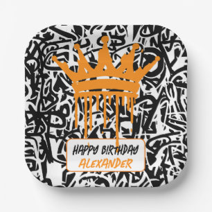 Graffiti Kroon Zwart Oranje Gelukkig Verjaardag Papieren Bordje