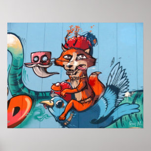 Graffiti-kunst: "De vogel die met Fox rijdt" Poster