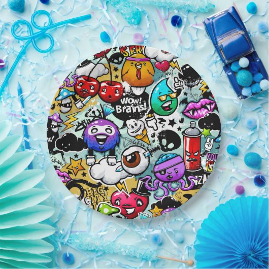 Graffiti-kunst met gekke vruchten en groenten papieren bordje (Feest)