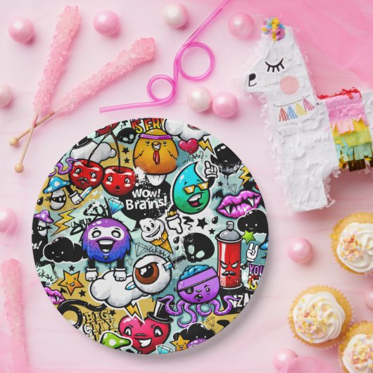 Graffiti-kunst met gekke vruchten en groenten papieren bordje (Feest)