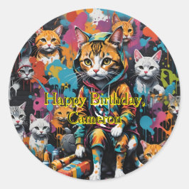 Graffiti Legend Street Cat Happy Birthday Naam Ronde Sticker