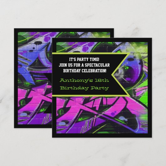 Graffiti Letters Birthday Invitation Kaart (Voorkant / Achterkant)