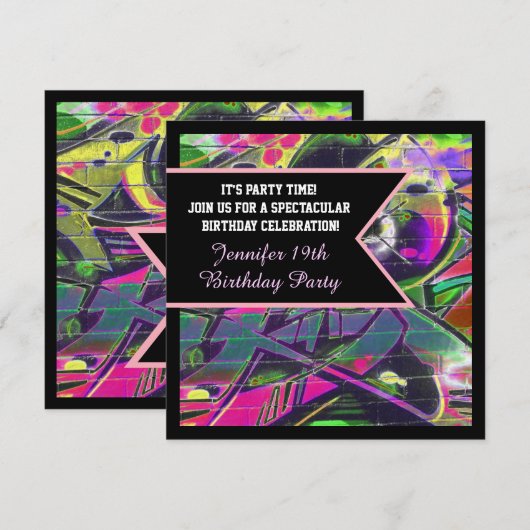 Graffiti Letters Birthday Invitation Kaart (Voorkant / Achterkant)