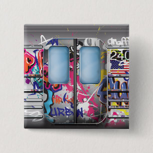 Graffiti metrotrein vierkante button 5,1 cm