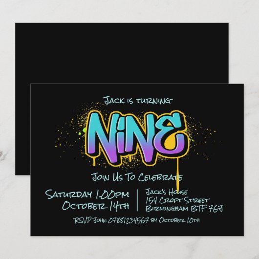 Graffiti Nine Uitnodiging (Voorkant / Achterkant)