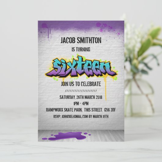 Graffiti Paint Zestiende verjaardag Invite Kaart (Staand voorkant)