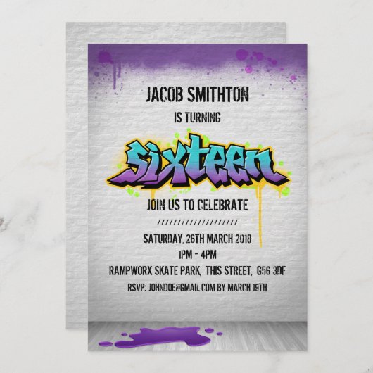 Graffiti Paint Zestiende verjaardag Invite Kaart (Voorkant / Achterkant)
